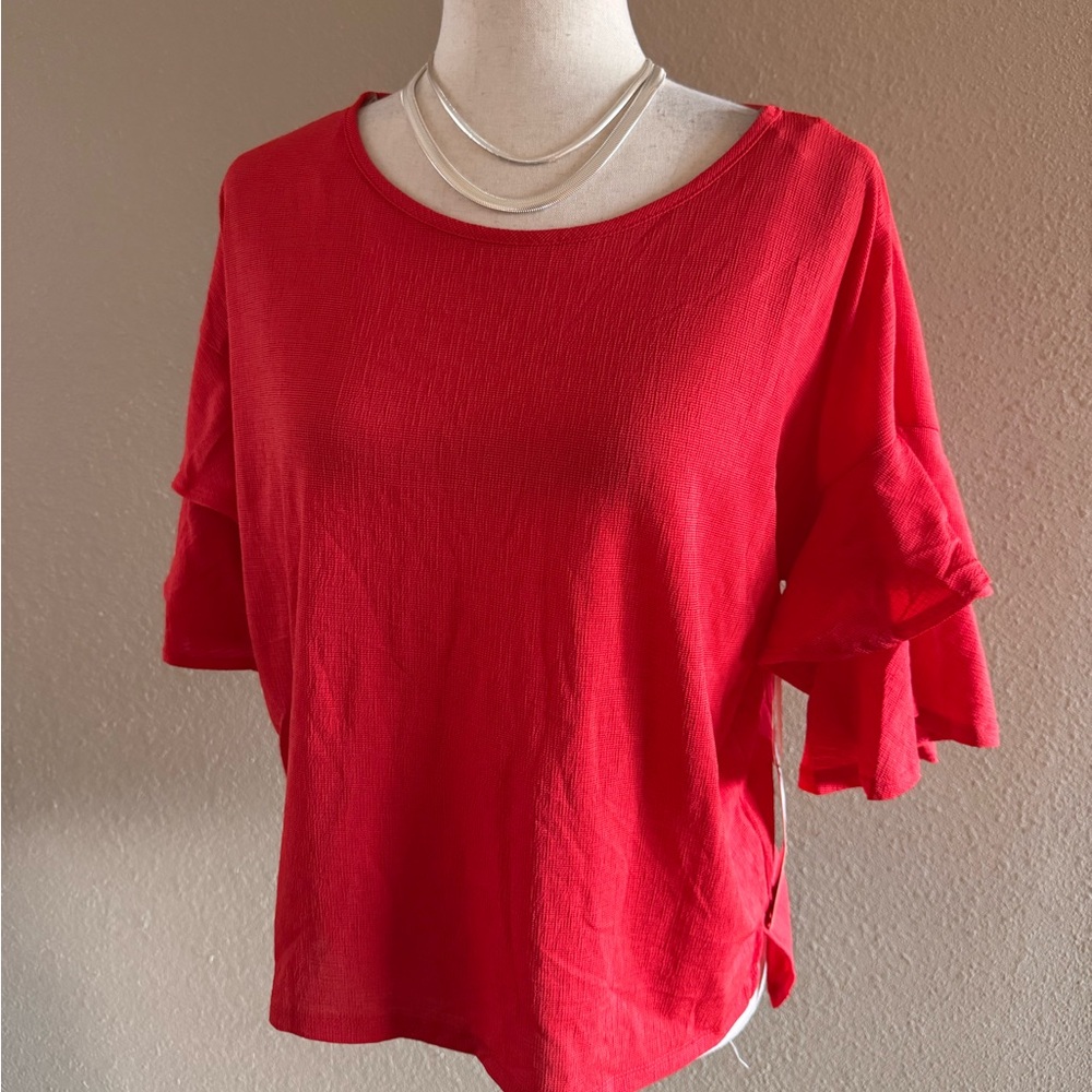 Red ruffle sleeve blouse - Picture 3 of 5